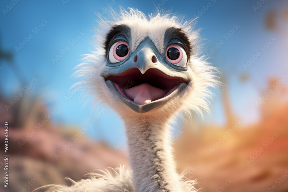 cartoon illustration of a cute ostrich smiling - obrazy, fototapety, plakaty 