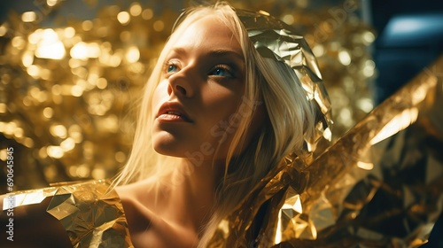 close-up panorama, Supermarionation, dystopian, editorial portrait, woman dancing, engulfed by glassy plastic attire, gold marble, cinematic colorized