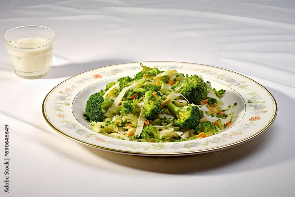 a plate full of broccoli, lettuce, and a glass of milk a plate full of broccoli, lettuce, and a glass of milk