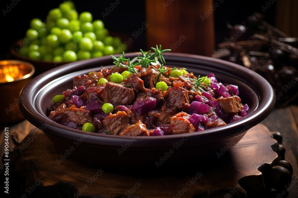 a bowl with purple beans, beef, and grapes a bowl with purple beans, beef, and grapes