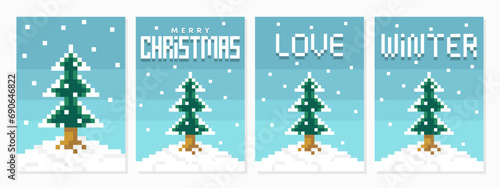Christmas tree vector with snowfall rare pixel art style design. Merry Christmas and Happy New Year Set of greeting cards, posters, holiday covers. Creative christmas winter background.