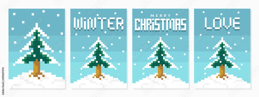 Christmas tree vector with snowfall rare pixel art style design. Merry Christmas and Happy New Year Set of greeting cards, posters, holiday covers. Creative christmas winter background. Christmas tree vector with snowfall rare pixel art style design. Merry Christmas and Happy New Year Set of greeting cards, posters, holiday covers. Creative christmas winter background.