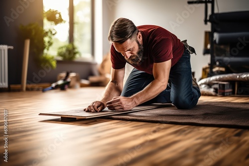 DIY Home Improvement. A Homeowner Installing New Flooring in a Living Room  photo