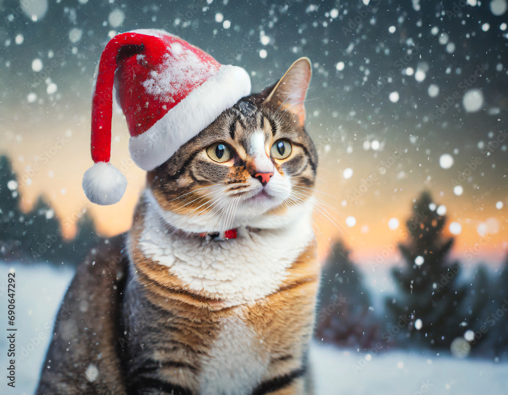A funny cat is wearing a red Santa Claus hat in a scene of a winter landscape with falling snow. Christmas and New Year Holidays, digital ai
A funny cat is wearing a red Santa Claus hat in a scene of a winter landscape with falling snow. Christmas and New Year Holidays, digital ai