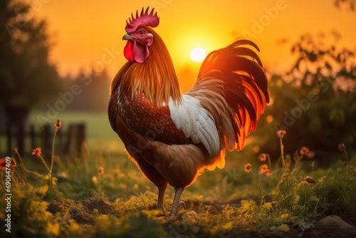 Beautiful rooster on a farm in the rays of the setting sun