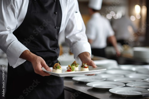 foto de stock de jefes de cocina cocinando o mostrando comida gourmet vestidos de uniforme con sombrero