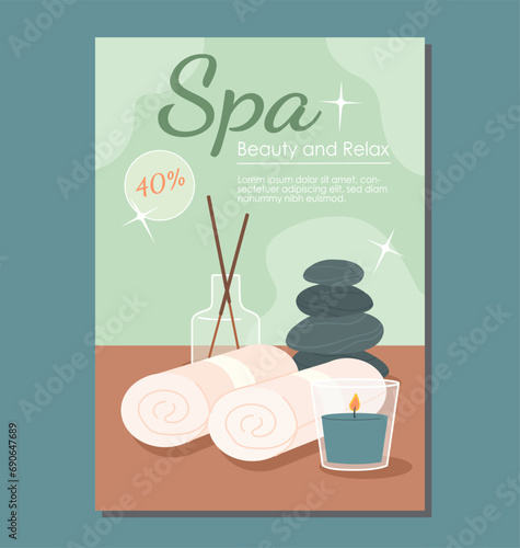 Spa salon poster. Aromasticks, candle, tovels and stack of rocks. Wellbeing and relaxation, rest. Flyer, leaflet and booklet. Cartoon flat vector illustration isolated on blue background