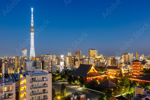 Photography Tokyo SkyTree tower and Asakusa shrine with skyline at twilight in Japan