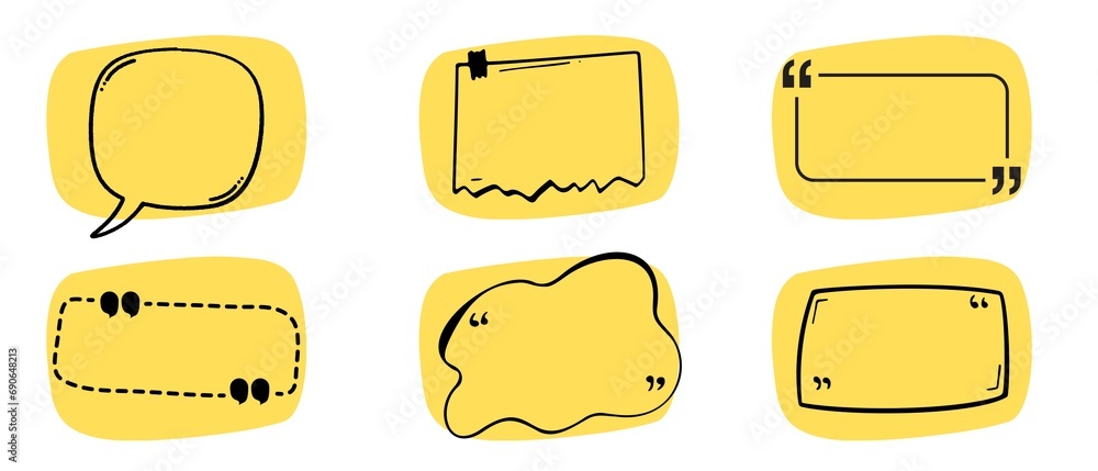 Yellow vector bubbles for text, speech vector. Speech bubbles with borders for comments, topics, references, chats, blogs, notes, markers and information enhance the charm and communication experience - obrazy, fototapety, plakaty 