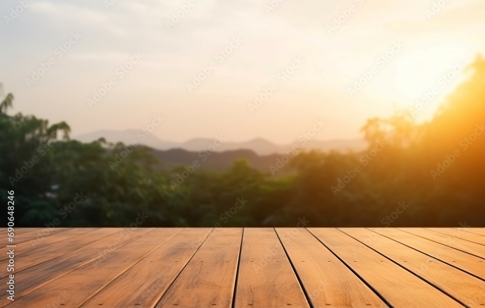 Empty wood table nature sunset. Plank product wooden view sun. Generate Ai Empty wood table nature sunset. Plank product wooden view sun. Generate Ai