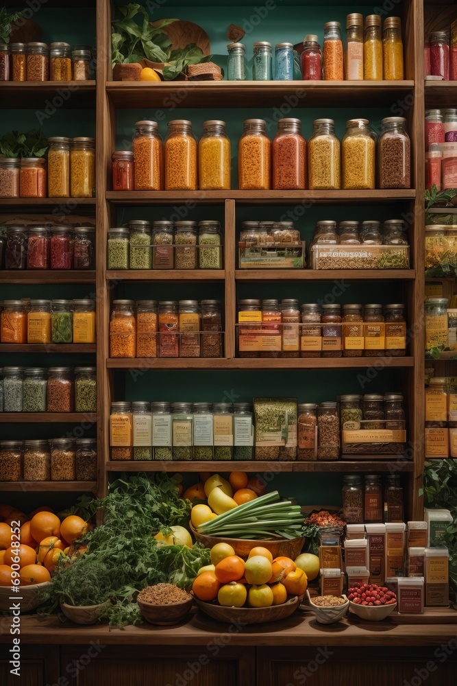 Vegetarian grocery store with a variety of food, cans, vegetables, fruits, nuts on the shelves. Vegetarian grocery store with a variety of food, cans, vegetables, fruits, nuts on the shelves.