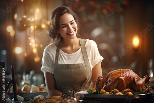 Smiling housewife cooks turkey to celebrate thanksgiving holiday