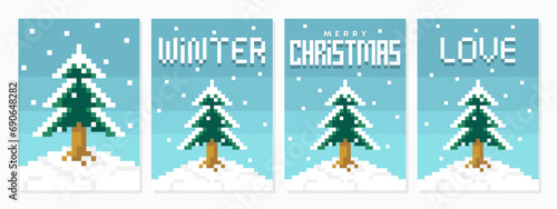 Christmas tree vector with snowfall rare pixel art style design. Merry Christmas and Happy New Year Set of greeting cards, posters, holiday covers. Creative christmas winter background.