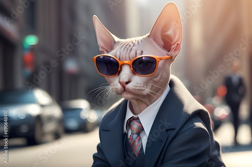 Sphynx cat wearing sunglasses. hat and suit on a busy street. Generative AI