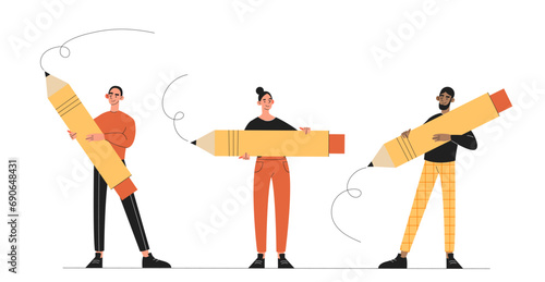 Students with pencil set. Men and woman drawing sketch. Hand drawn creativity and art. Talented artists with stationery. Cartoon flat vector collection isolated on white background