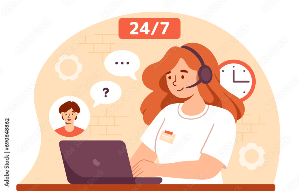 Customer support concept. Woman in headphones with laptop answer to questions from clients. Call center operator 24 to 7. Cartoon flat vector illustration isolated on white background Customer support concept. Woman in headphones with laptop answer to questions from clients. Call center operator 24 to 7. Cartoon flat vector illustration isolated on white background