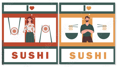 Sushi rolls delivery concept. Man and woman in catering service and cafe. Asian food and cuisine. Restaurant of japanese eating. Cartoon flat vector illustration isolated on white background