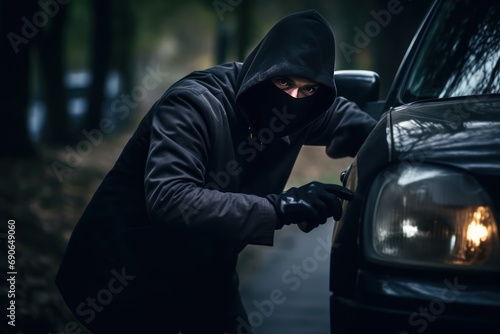 car thief breaking into a parked car and stealing valuables photo