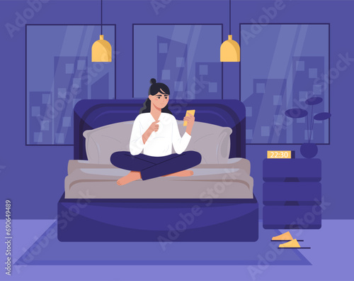Smartphone addiction concept. Woman with phone sitting at bed. Mental disorder and psychological problems. Dependence from soial networks and internet. Cartoon flat vector illustration
