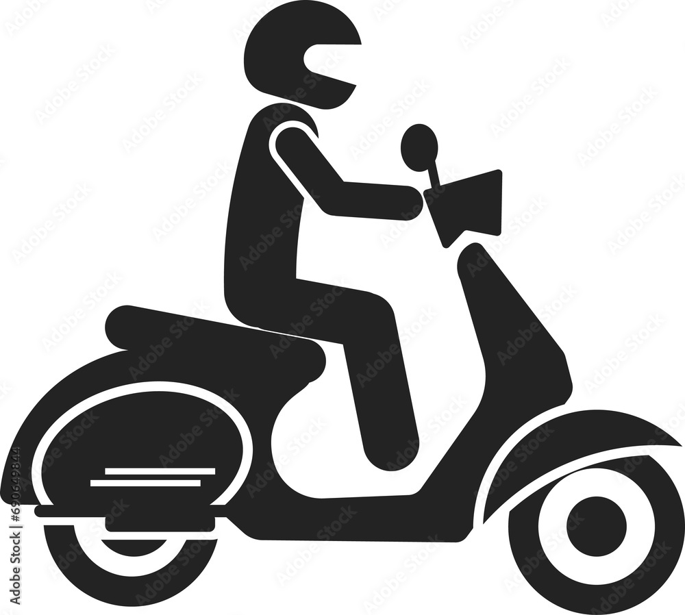 Isolated black pictogram icon of man riding a scooter motorbike Isolated black pictogram icon of man riding a scooter motorbike