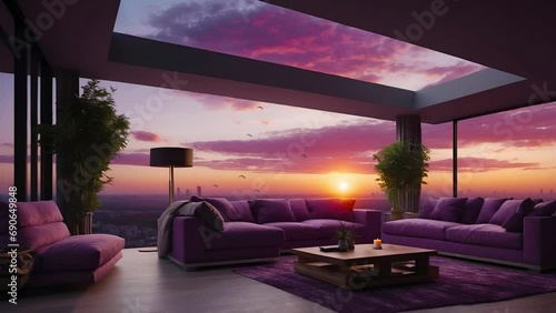 animated virtual backgrounds, stream overlay loop, interior, cozy futuristic penthouse apartment living room at sunset, vtuber asset twitch zoom OBS screen, chill anime lo-fi hip hop. Golden hour.
