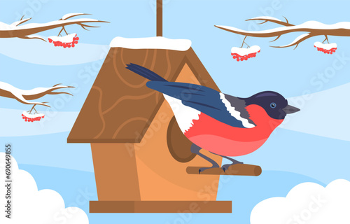 Tit in winter scene. Beautiful red and black bird at wooden feeder. Natural winter day, cold weather. Animal with wings and beak. Ornithology and zoology. Cartoon flat vector illustration