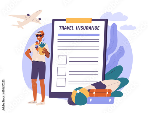 Travel insurance concept. Man with contract. Care about health and baggage. Tourism and trip. Holiday and vacation. Cartoon flat vector illustration isolated on white background