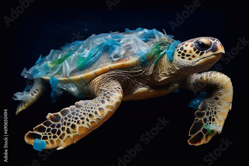 Plastic pollution in ocean. Turtle with plastic bags and bottles. Environmental problem.