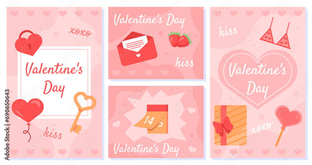 Valentines day banners set. International holiday of love and romance. Hearts and letters. Gift box and heart shaped candy. Cartoon flat vector collection isolated on white background