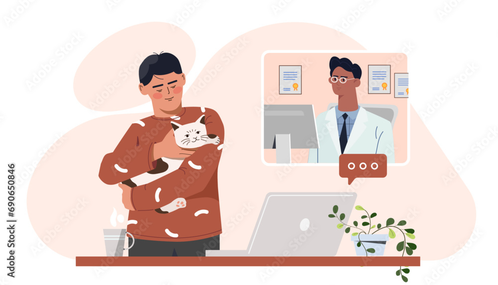 Veterinary online concept. Man show his cat to guy in medical coat. Doctor in coat video call to client with pet and domestic animal. Cartoon flat vector illustration isolated on white background Veterinary online concept. Man show his cat to guy in medical coat. Doctor in coat video call to client with pet and domestic animal. Cartoon flat vector illustration isolated on white background
