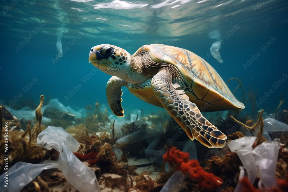 Fototapeta premium Plastic pollution in ocean. Turtle with plastic bags and bottles. Environmental problem.