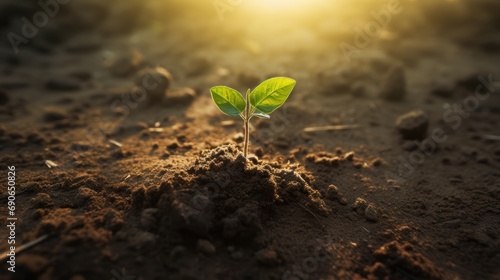 sapling growing from the fertile soil into the morning sunlight photo