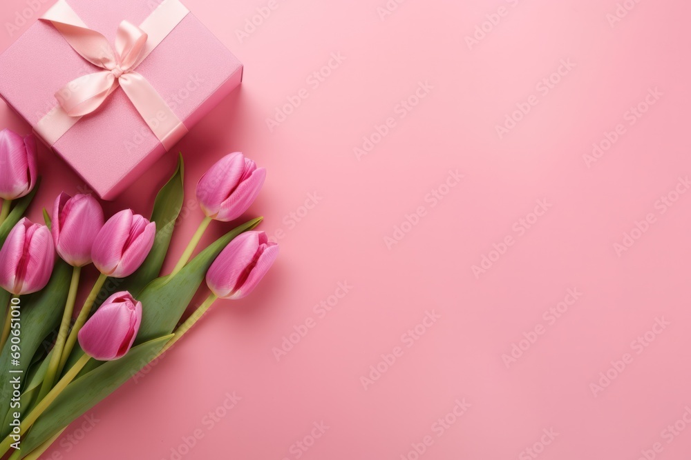 Bouquet of Pink Tulips and Pink Gift Box on Pink Background, View From Above With Copy Space Bouquet of Pink Tulips and Pink Gift Box on Pink Background, View From Above With Copy Space