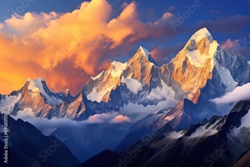 Majestic Mountain Peaks. A Panoramic View of Towering Mountain Ranges at Sunrise © Celina