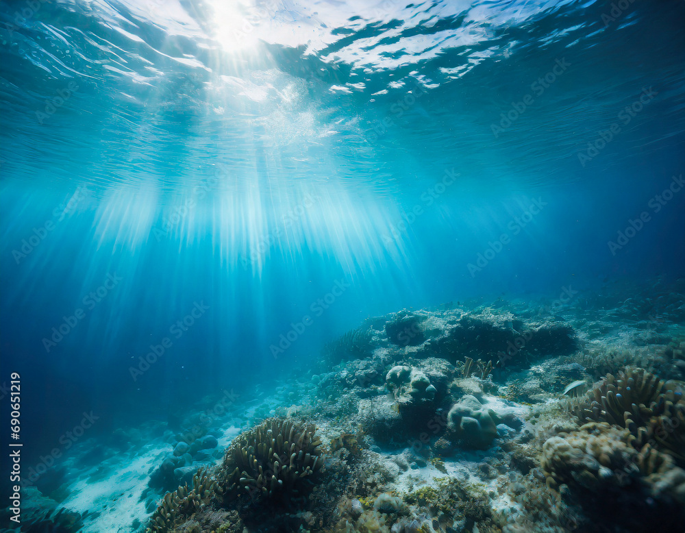 Fototapeta premium underwater ocean blue abyss with sunlight diving and scuba background