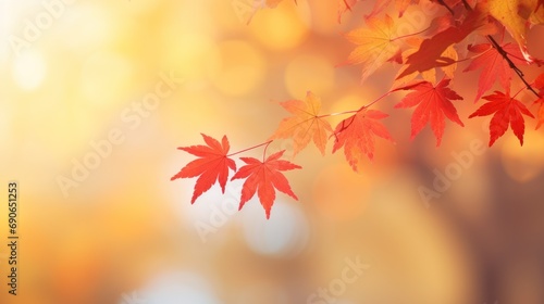 Autumn, red and yellow maple leaves with soft focus light and bokeh background.
