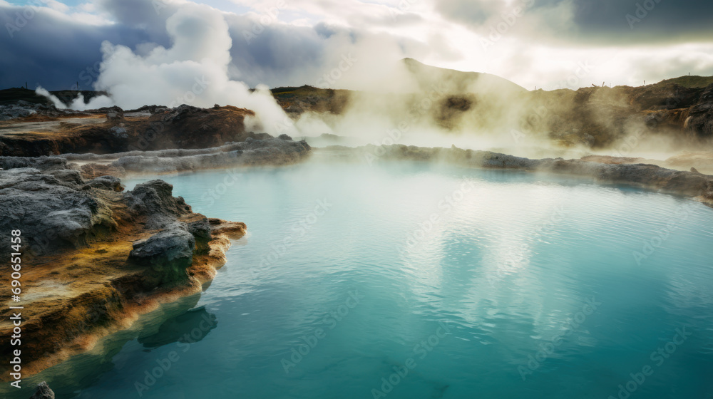 Naklejka premium Geothermal Wonders: Vivid Blues and Steamy Whites