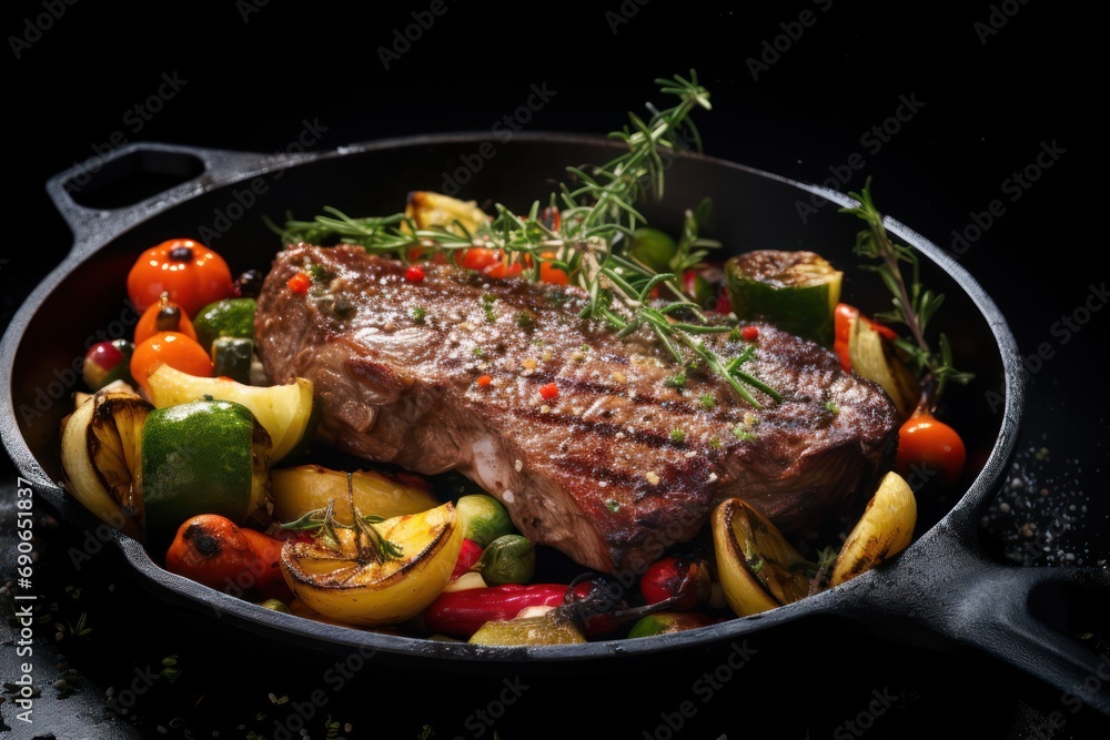 Grilled steak with vegetables in a frying pan