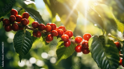 Cherry coffee beans  beautiful green nature background 
