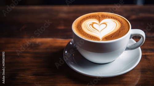 Close up of white hot cappuccino coffee cup with heart shaped latte art on dark brown vintage old wooden table.