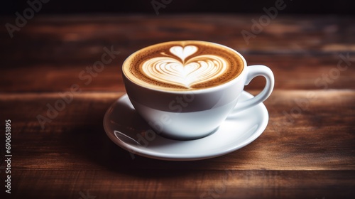 Close up of white hot cappuccino coffee cup with heart shaped latte art on dark brown vintage old wooden table.