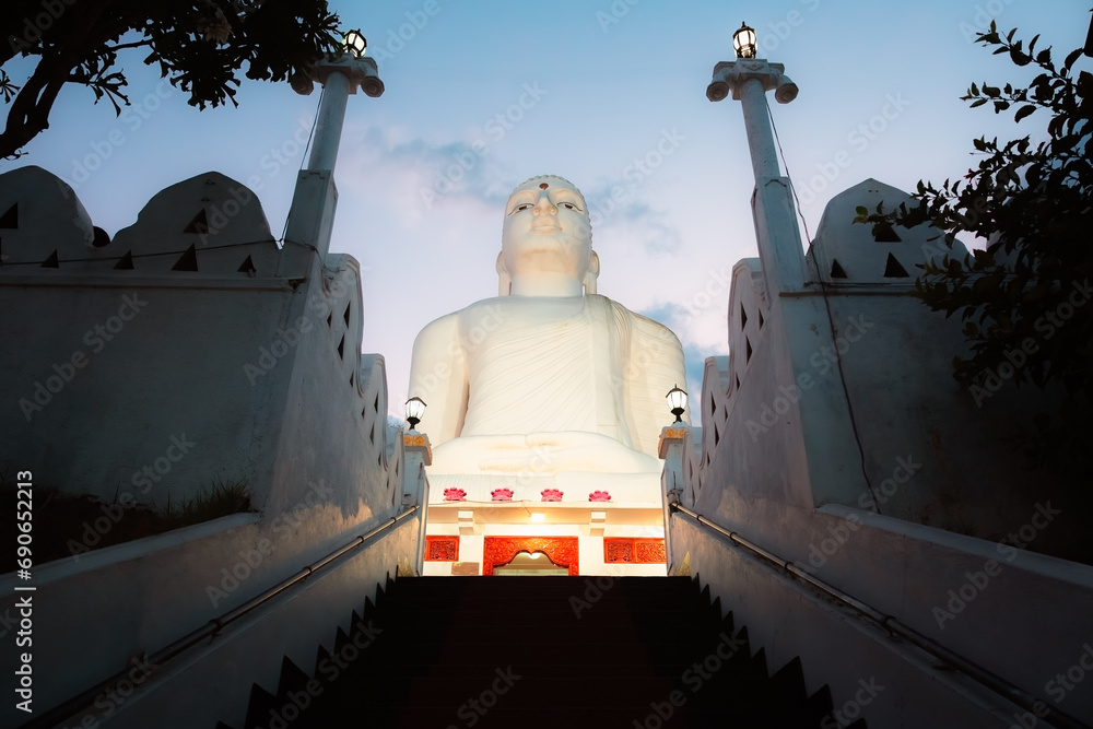 Giant white Buddha statue illuminated at night at Sri Maha Bodhi