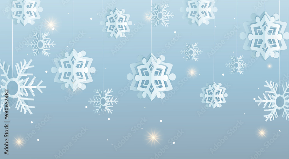 Christmas card with paper snow flake. Falling snowflakes on a dark blue winter background. Vector illustration. Merry Christmas, New Year design.