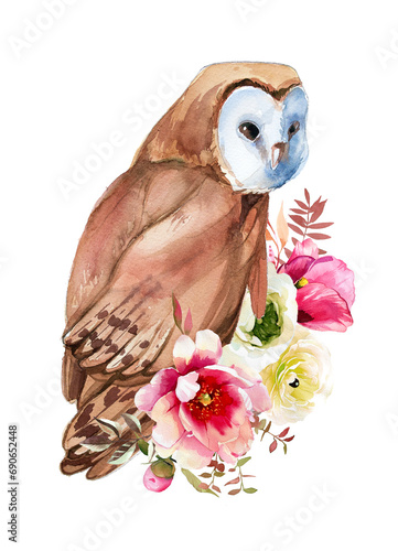 Beautiful hand painted owl portrait isolated on a white background. Forest animal concept. Wild bird illustration. Magical wise owl with flowers  artwork for poster, print,card. photo