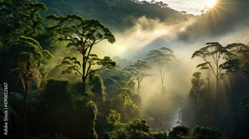 Fototapeta Naklejka Na Ścianę i Meble -  Tropical rainforest. Green and misty.