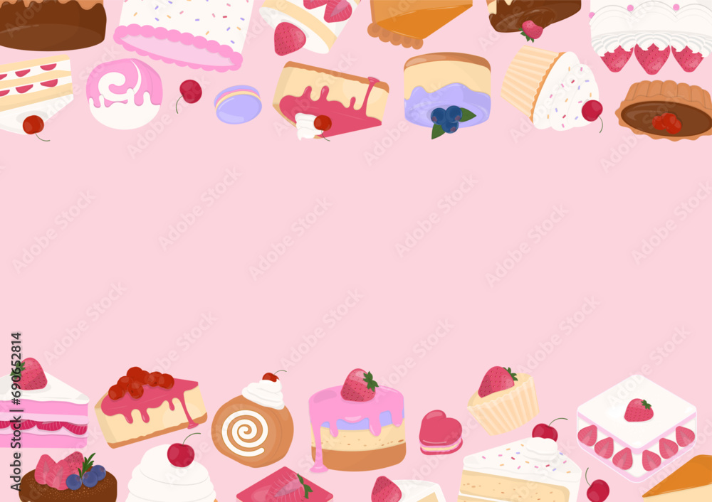 Cakes on pink background with copy space