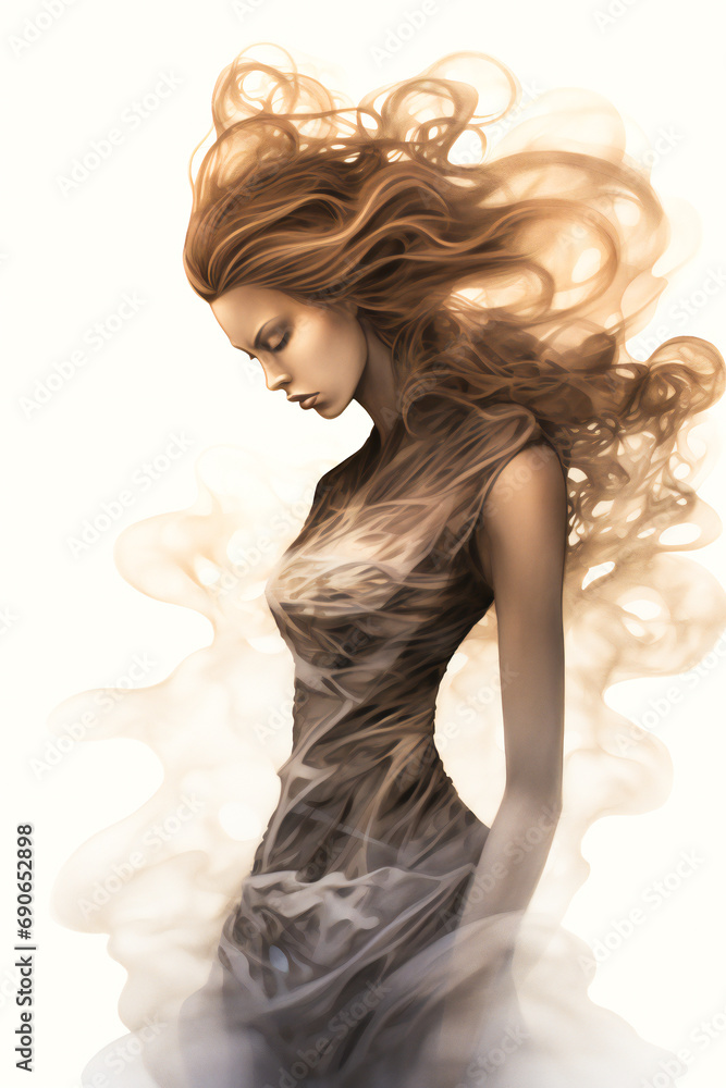Creative artistic fantasy sketch of a young woman made of smoke and steam Creative artistic fantasy sketch of a young woman made of smoke and steam