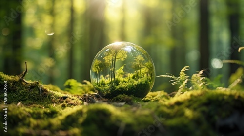 Globe on moss in forest, environmental concept