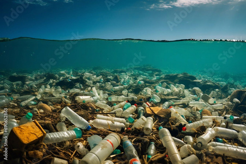 Lots of plastic bottles and debris in the ocean. Environmental problems.