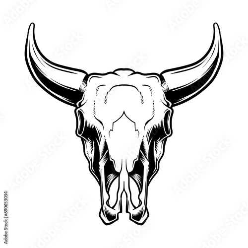 Bull skull head skeleton. Cowboy Native American illustration and tshirt design
